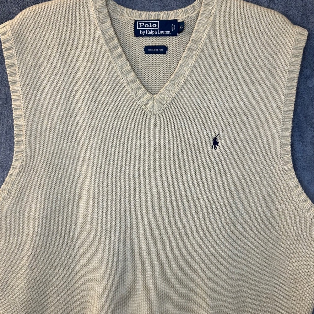 Polo Ralph Lauren Mens XL Knit Sweater Vest Beige Tan 100% Cotton V-Neck
